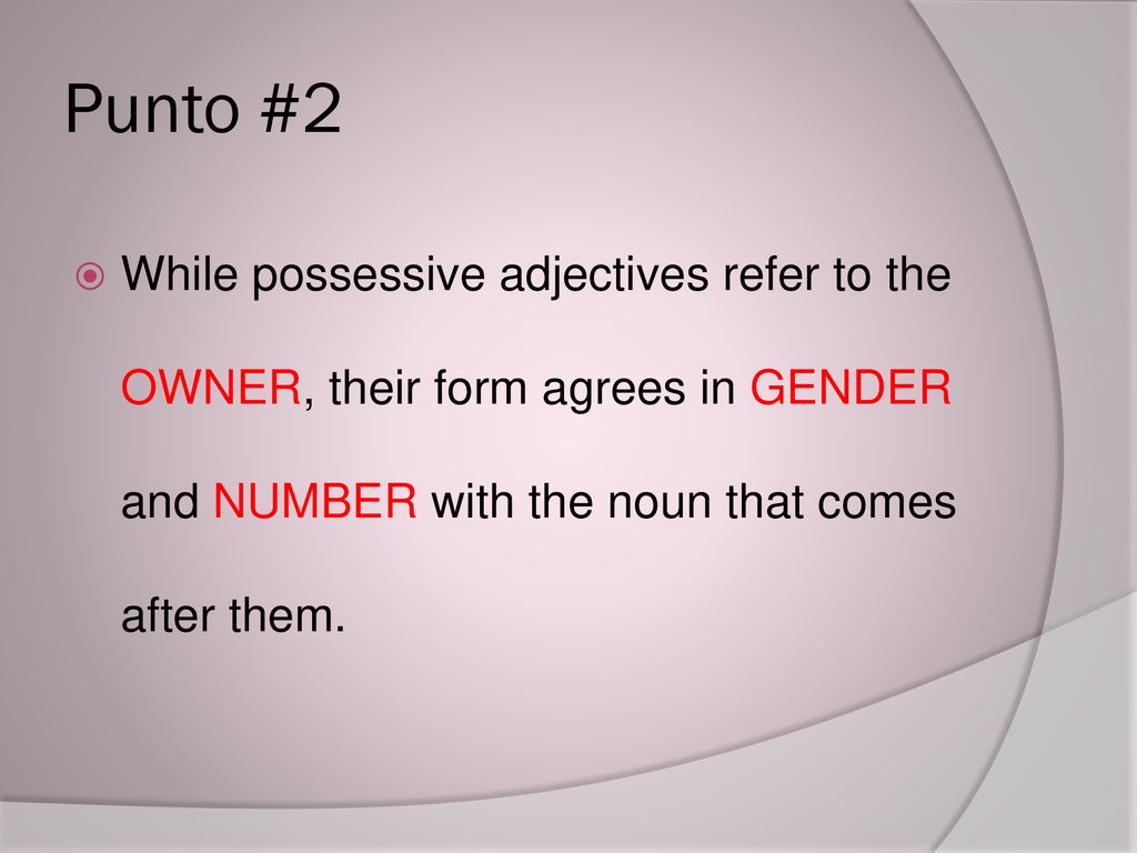 Punto #2 While possessive adjectives refer to the OWNER, their form agrees in GENDER and NUMBER with the noun that comes after them.