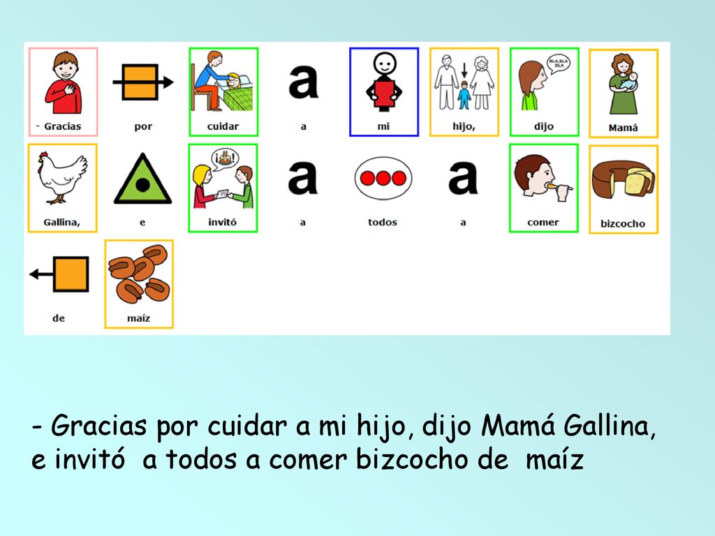 - Gracias por cuidar a mi hijo, dijo Mamá Gallina, e invitó a todos a comer bizcocho de maíz