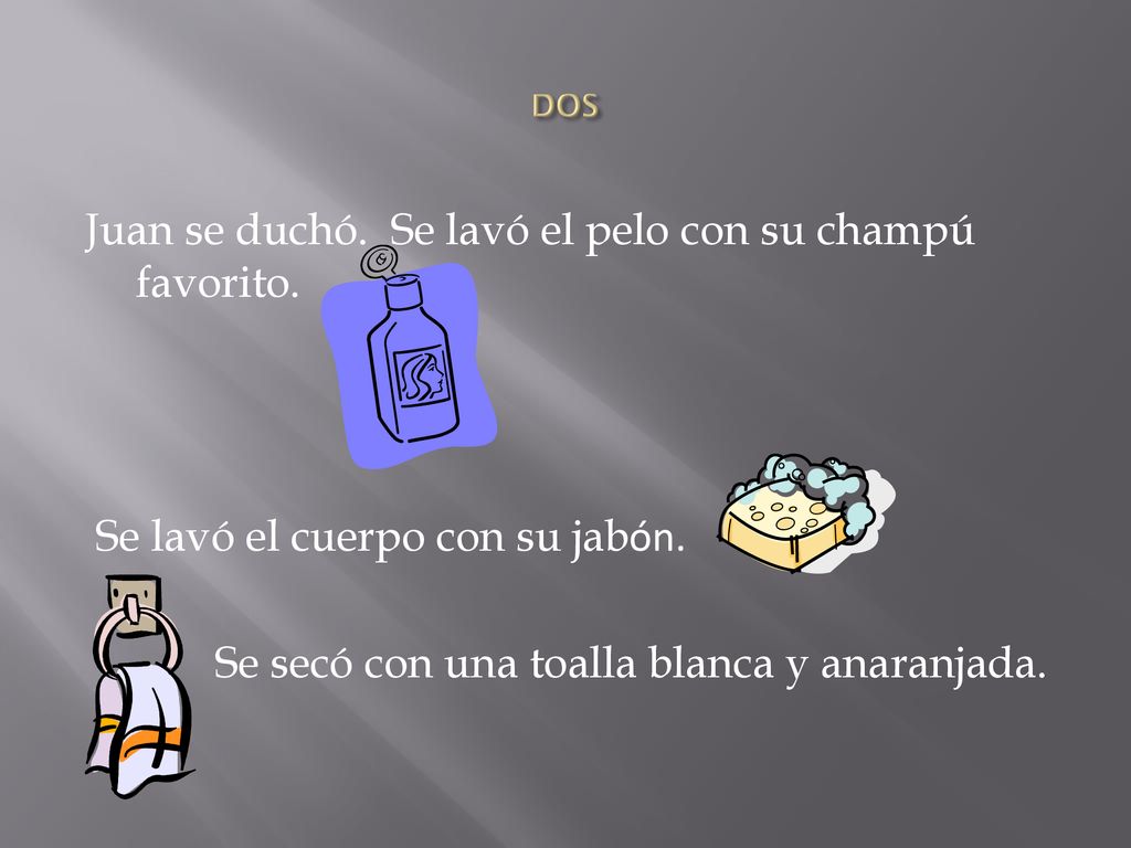 DOS Juan se duchó. Se lavó el pelo con su champú favorito.
