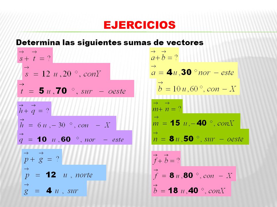 EJERCICIOS Determina las siguientes sumas de vectores y