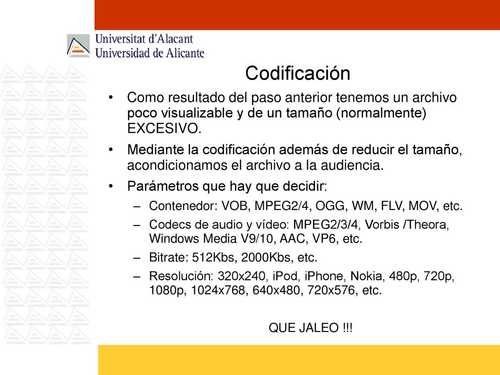 Codificación Como resultado del paso anterior tenemos un archivo poco visualizable y de un tamaño (normalmente) EXCESIVO.