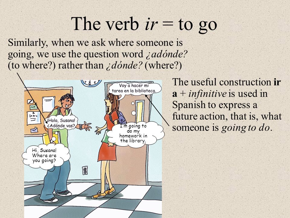 The verb ir = to go Similarly, when we ask where someone is going, we use the question word ¿adónde (to where ) rather than ¿dónde (where )