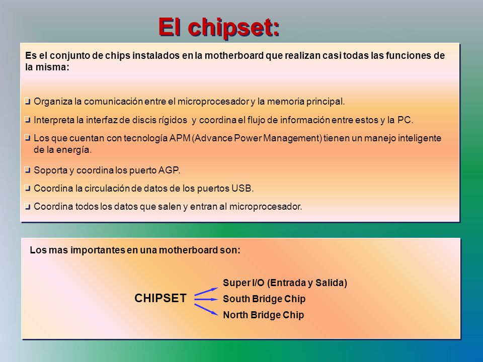 El chipset: Los que cuentan con tecnología APM (Advance Power Management) tienen un manejo inteligente.