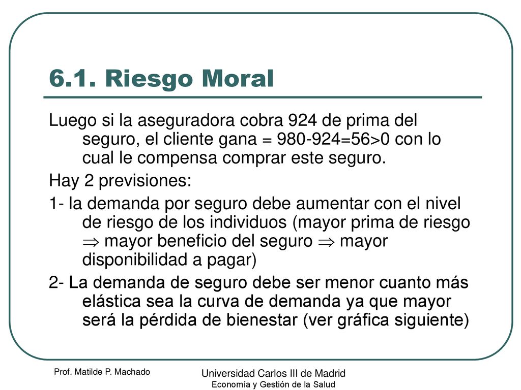 6.1. Riesgo Moral Luego si la aseguradora cobra 924 de prima del seguro, el cliente gana = =56>0 con lo cual le compensa comprar este seguro.