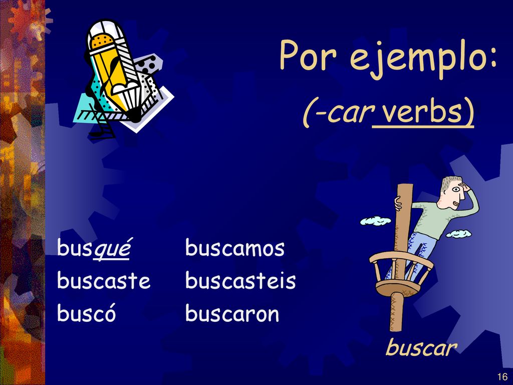 Por ejemplo: (-car verbs) buscar busqué buscaste buscó buscamos
