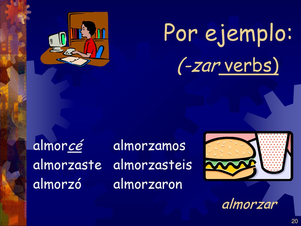 Por ejemplo: (-zar verbs) almorzar almorcé almorzaste almorzó