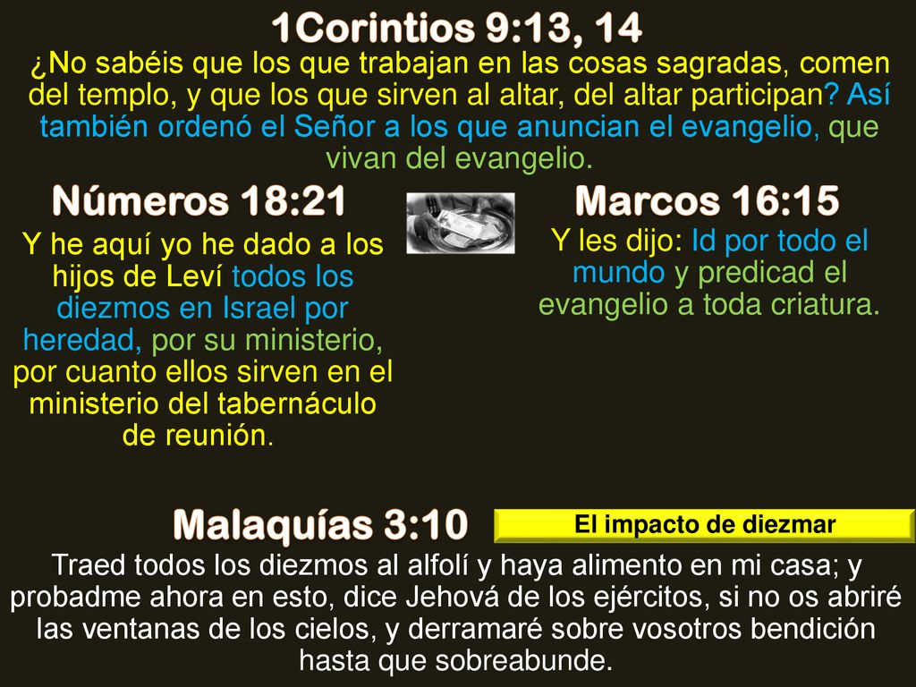 1Corintios 9:13, 14 Números 18:21 Marcos 16:15 Malaquías 3:10