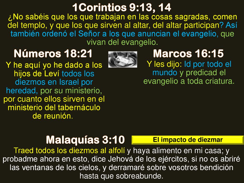 1Corintios 9:13, 14 Números 18:21 Marcos 16:15 Malaquías 3:10