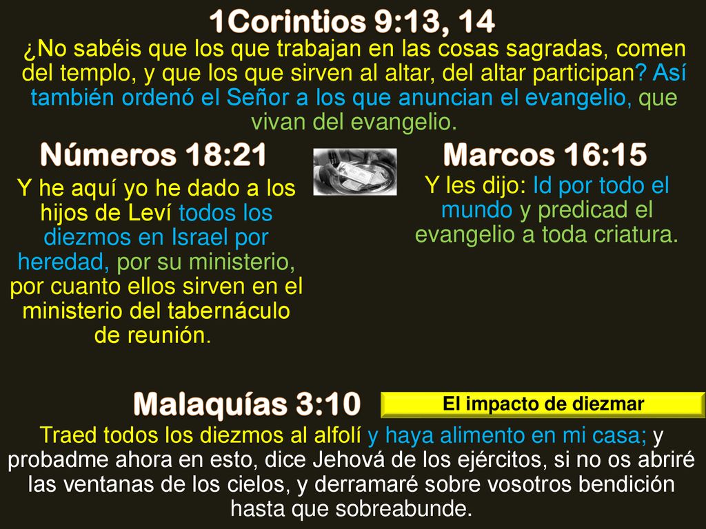 1Corintios 9:13, 14 Números 18:21 Marcos 16:15 Malaquías 3:10
