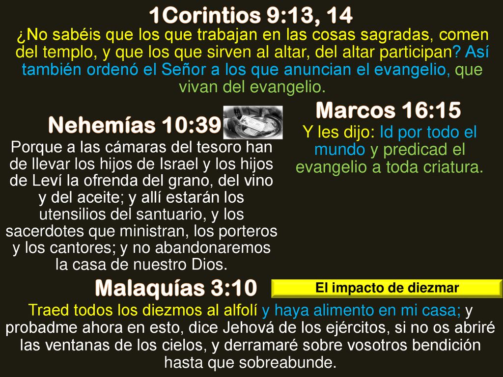 1Corintios 9:13, 14 Marcos 16:15 Nehemías 10:39 Malaquías 3:10