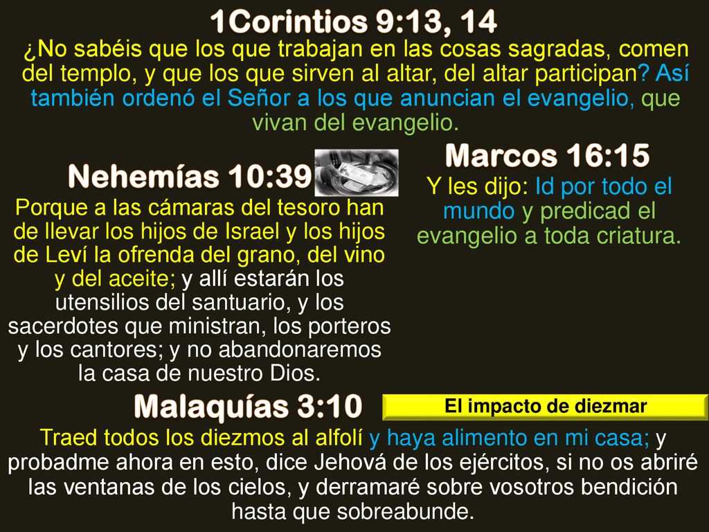 1Corintios 9:13, 14 Marcos 16:15 Nehemías 10:39 Malaquías 3:10