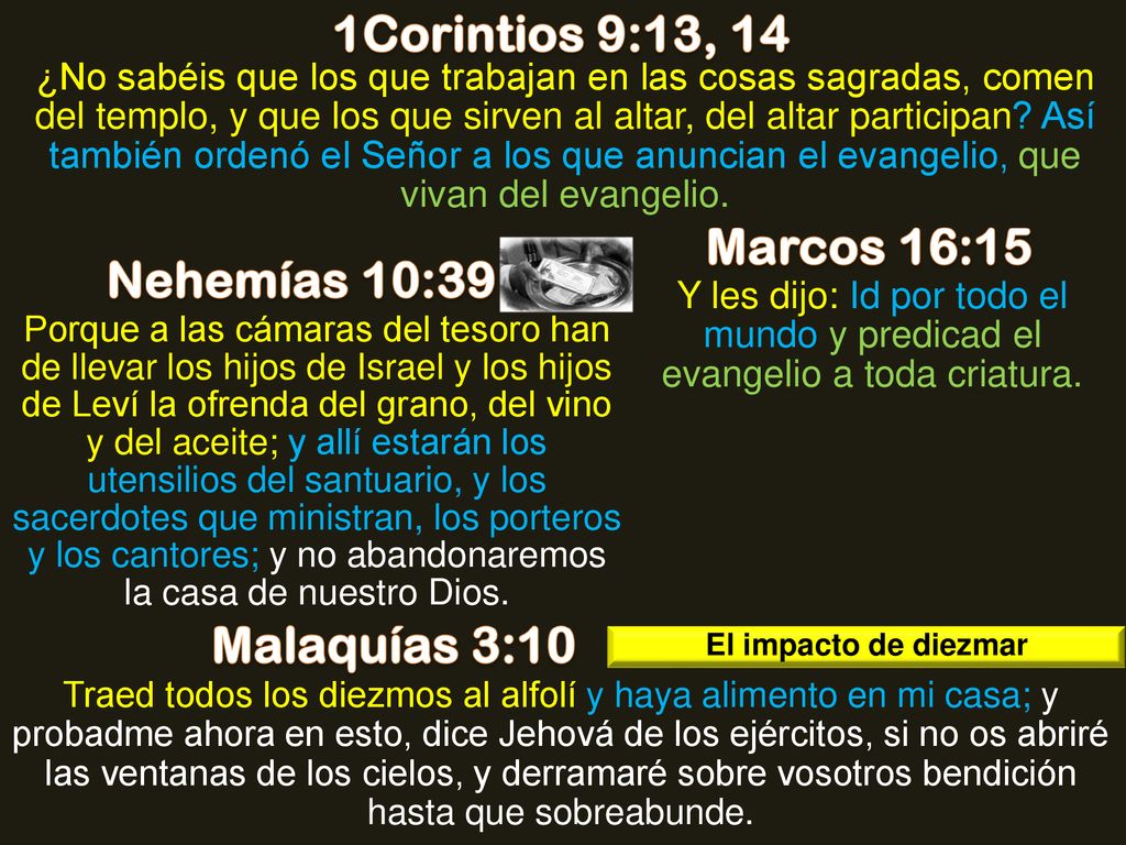 1Corintios 9:13, 14 Marcos 16:15 Nehemías 10:39 Malaquías 3:10