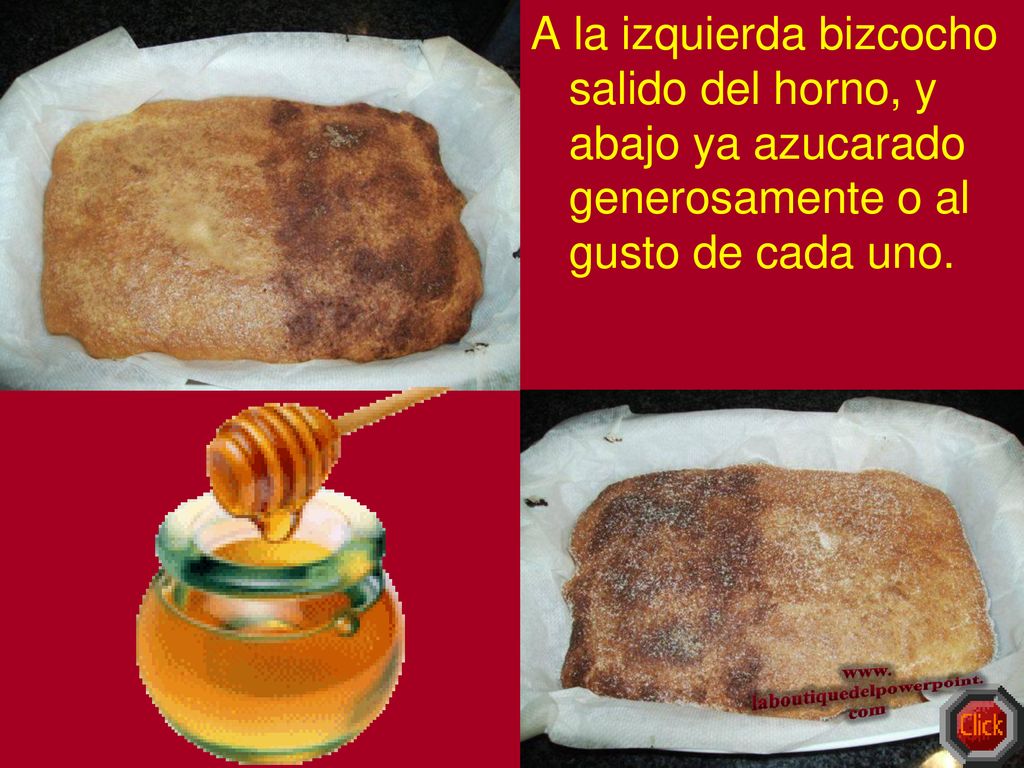 A la izquierda bizcocho salido del horno, y abajo ya azucarado generosamente o al gusto de cada uno.