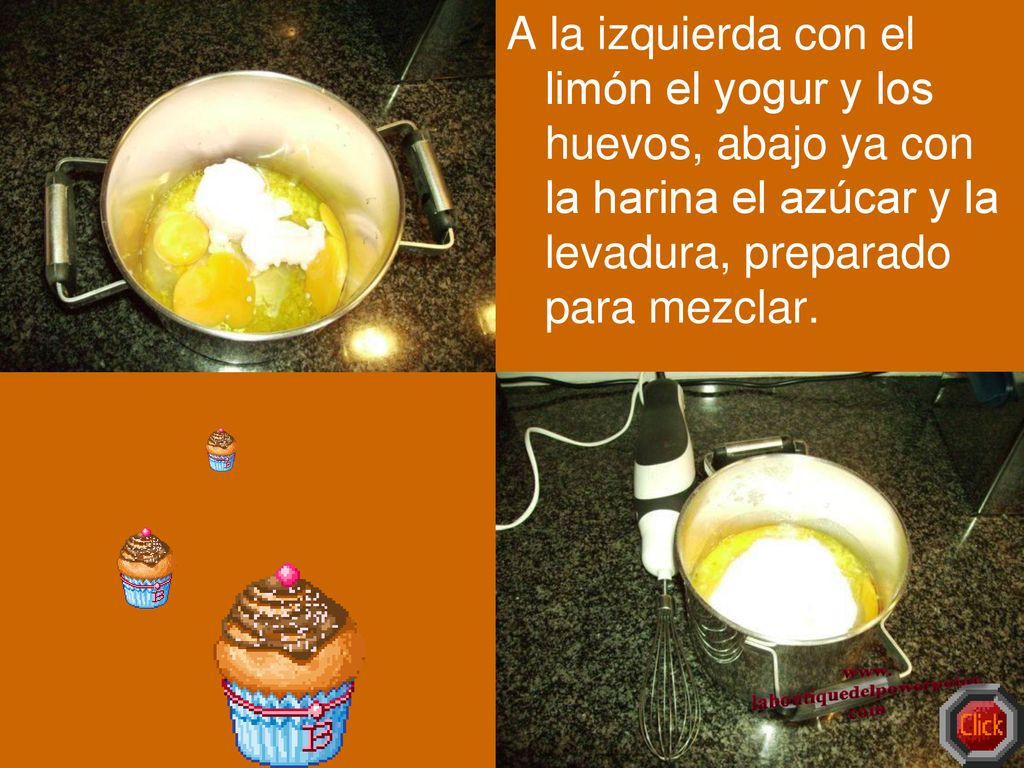 A la izquierda con el limón el yogur y los huevos, abajo ya con la harina el azúcar y la levadura, preparado para mezclar.
