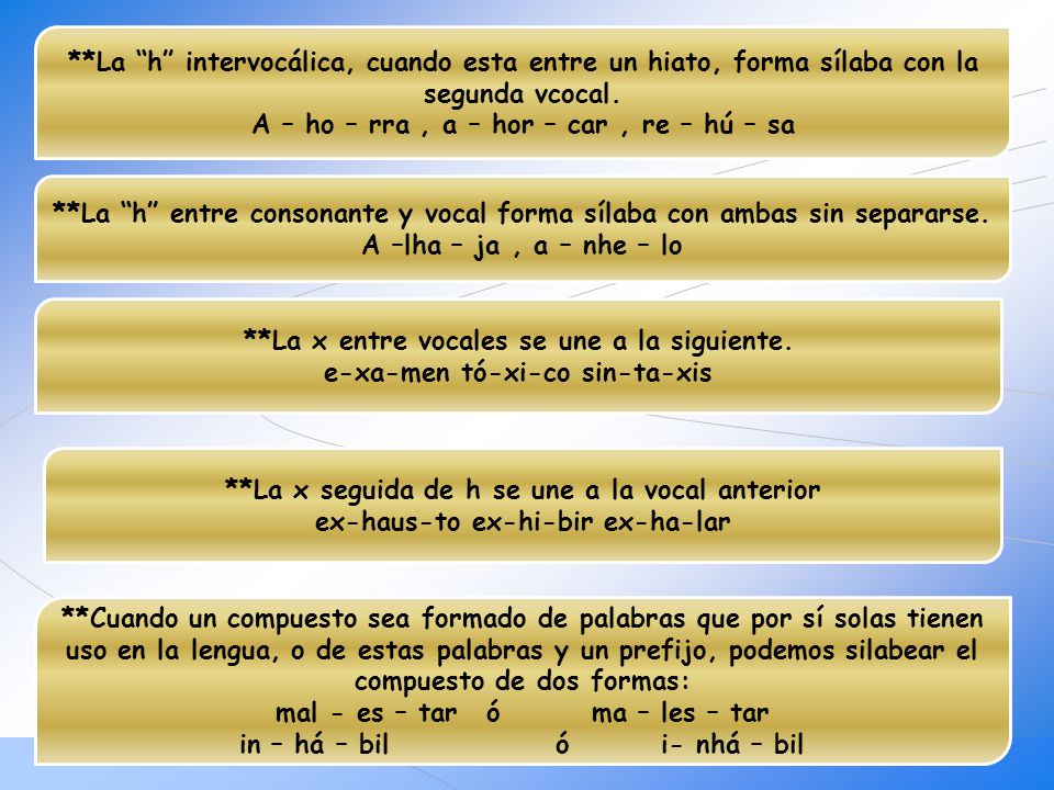 **La h intervocálica, cuando esta entre un hiato, forma sílaba con la segunda vcocal. A – ho – rra , a – hor – car , re – hú – sa