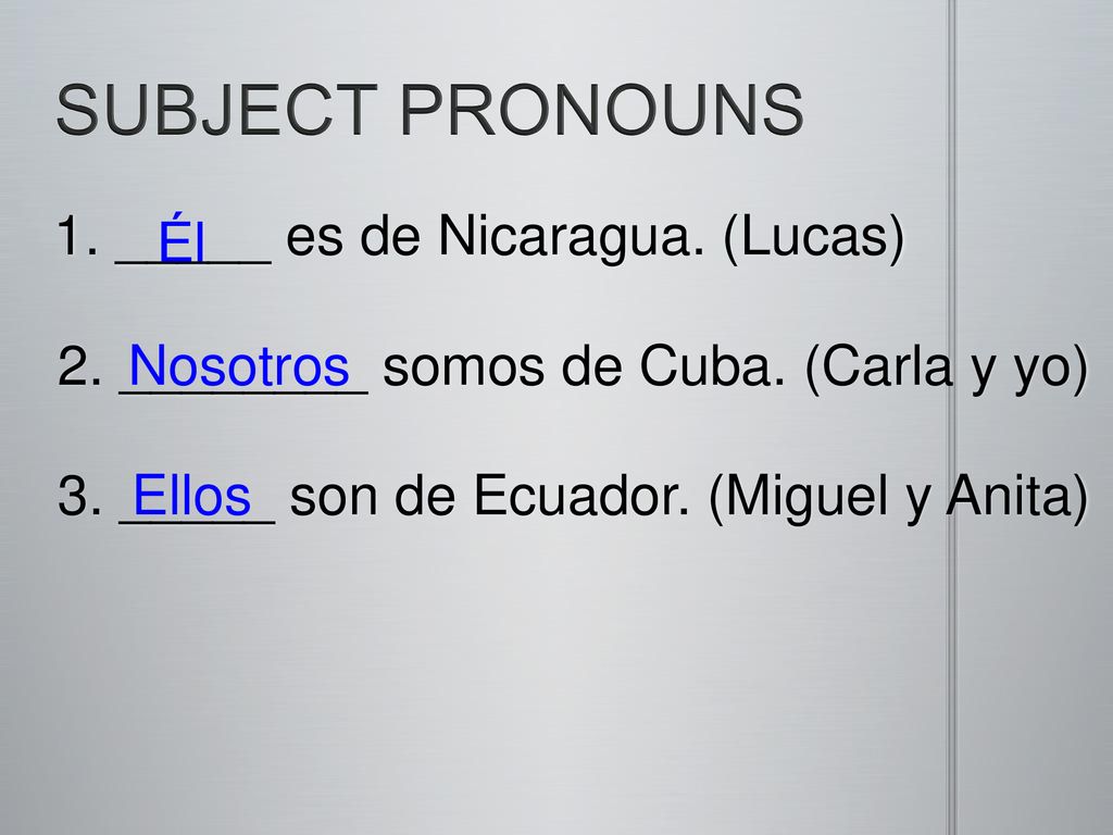 SUBJECT PRONOUNS 1. _____ es de Nicaragua. (Lucas) Él