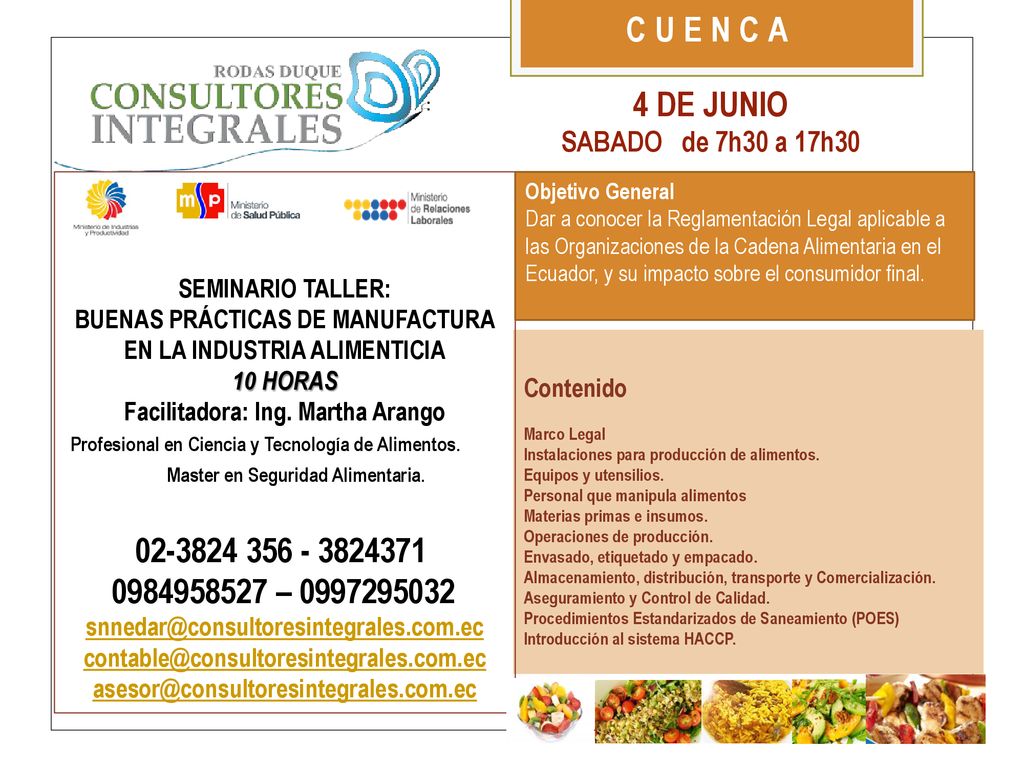 CUENCA 4 DE JUNIO. SABADO de 7h30 a 17h30. SEMINARIO TALLER: BUENAS PRÁCTICAS DE MANUFACTURA EN LA INDUSTRIA ALIMENTICIA.