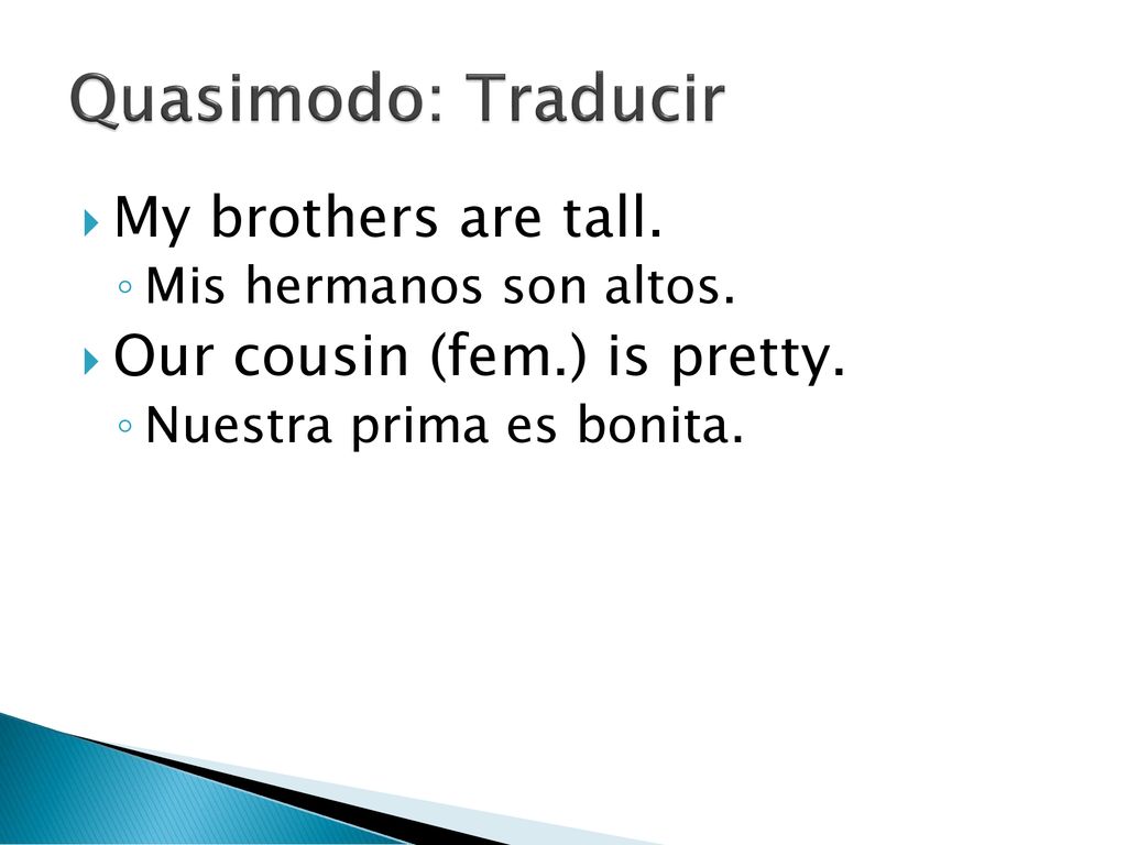 Quasimodo: Traducir My brothers are tall. Our cousin (fem.) is pretty.