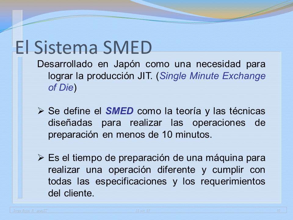 01/04/2017 El Sistema SMED. Desarrollado en Japón como una necesidad para lograr la producción JIT. (Single Minute Exchange of Die)