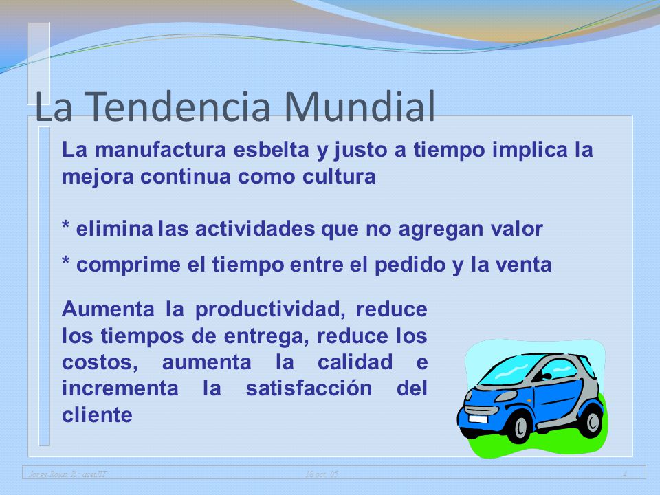 01/04/2017 La Tendencia Mundial. La manufactura esbelta y justo a tiempo implica la mejora continua como cultura.