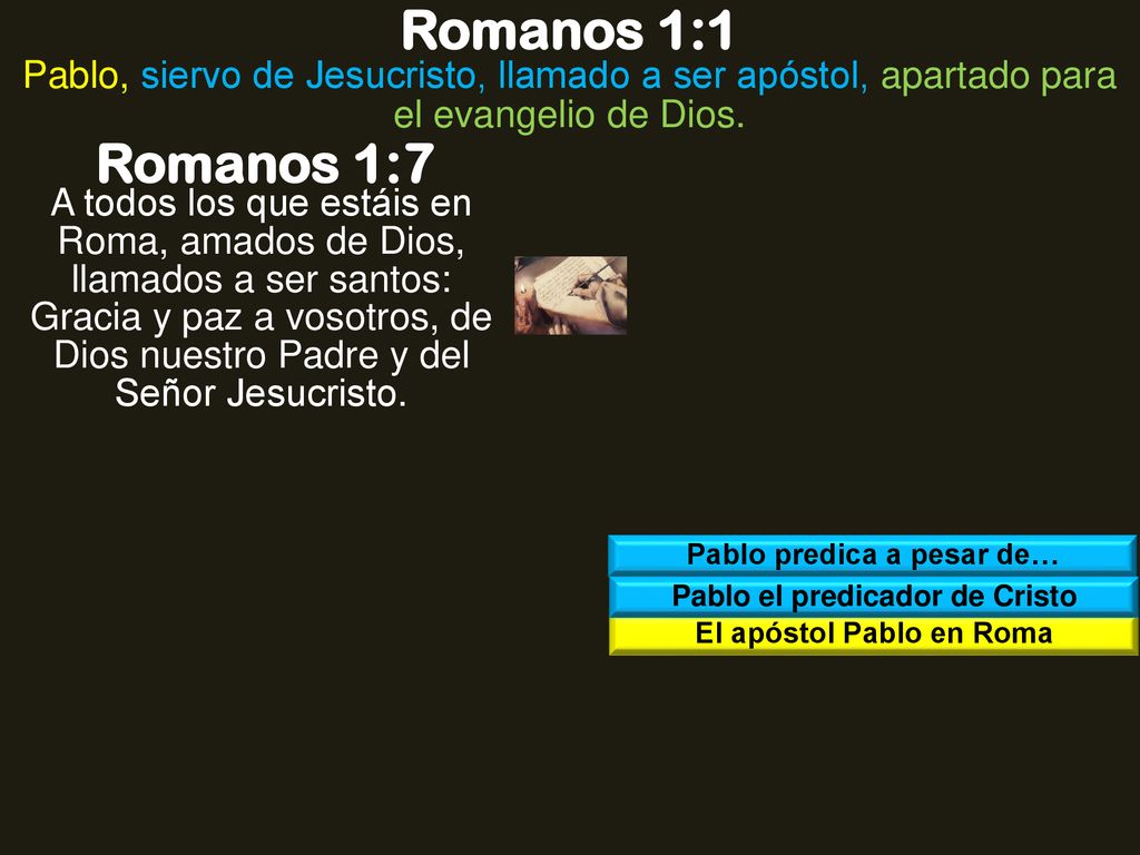 Romanos 1:1 Pablo, siervo de Jesucristo, llamado a ser apóstol, apartado para el evangelio de Dios.