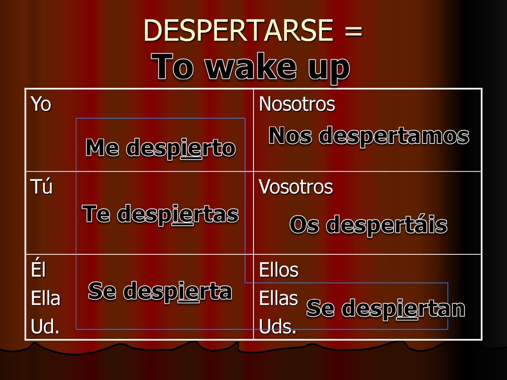 To wake up DESPERTARSE = Nos despertamos Me despierto Te despiertas