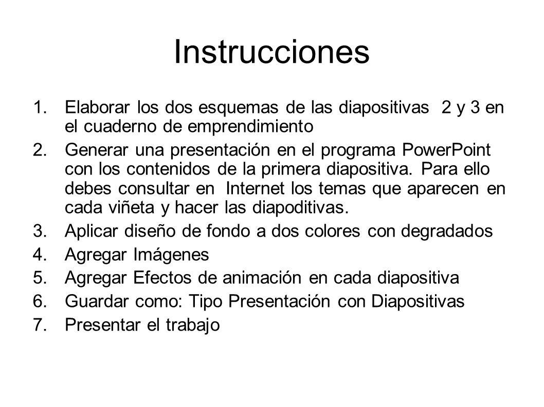 Instrucciones Elaborar los dos esquemas de las diapositivas 2 y 3 en el cuaderno de emprendimiento.