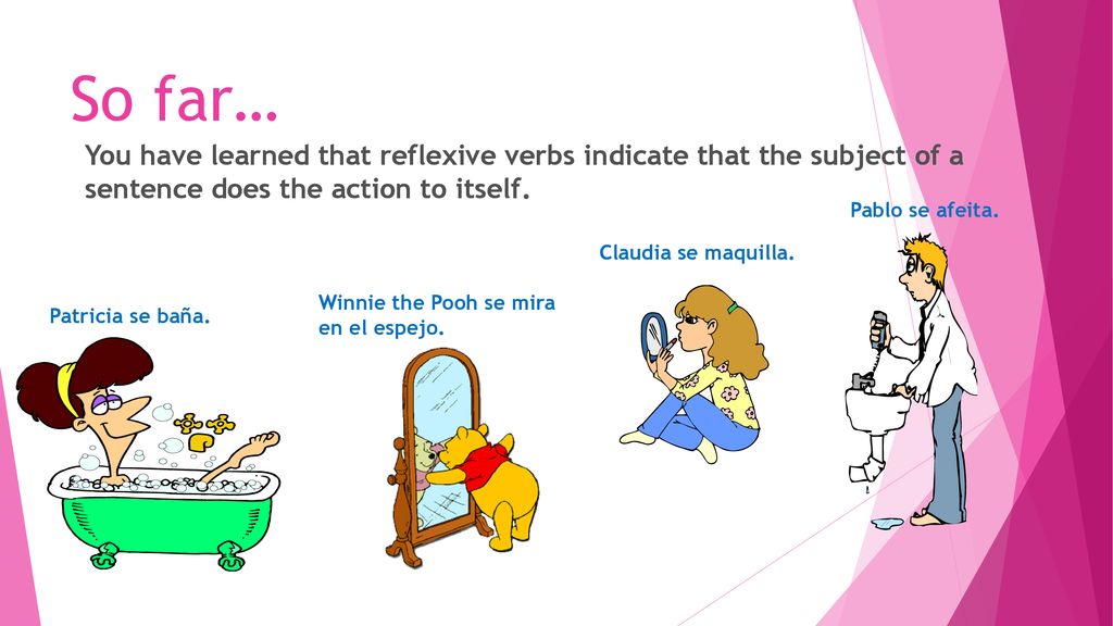 So far… You have learned that reflexive verbs indicate that the subject of a sentence does the action to itself.