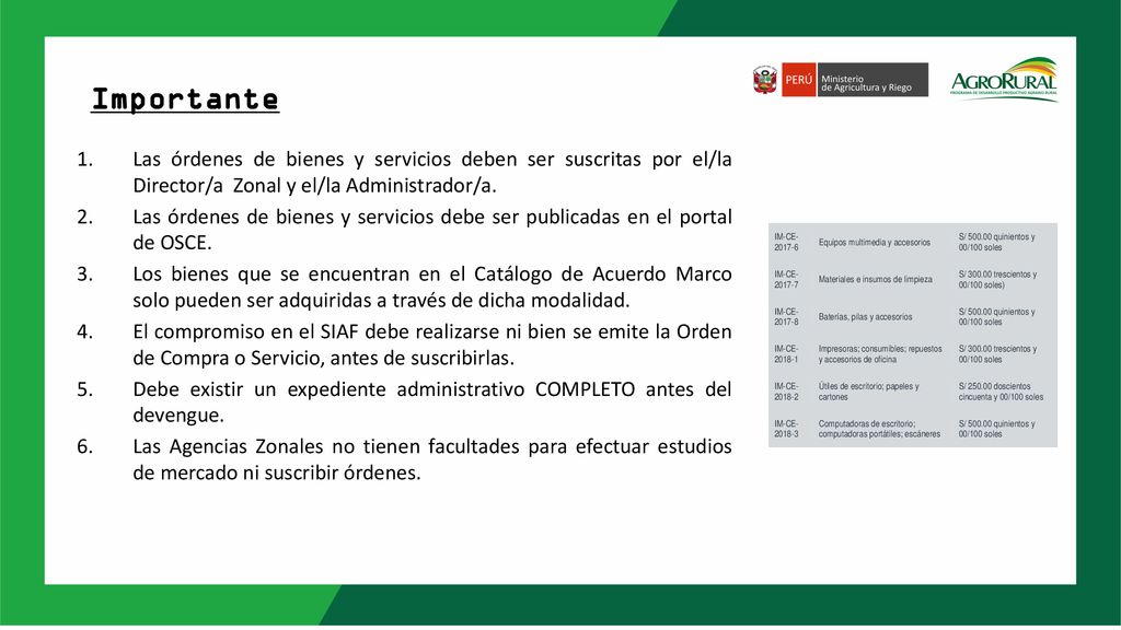 Importante Las órdenes de bienes y servicios deben ser suscritas por el/la Director/a Zonal y el/la Administrador/a.