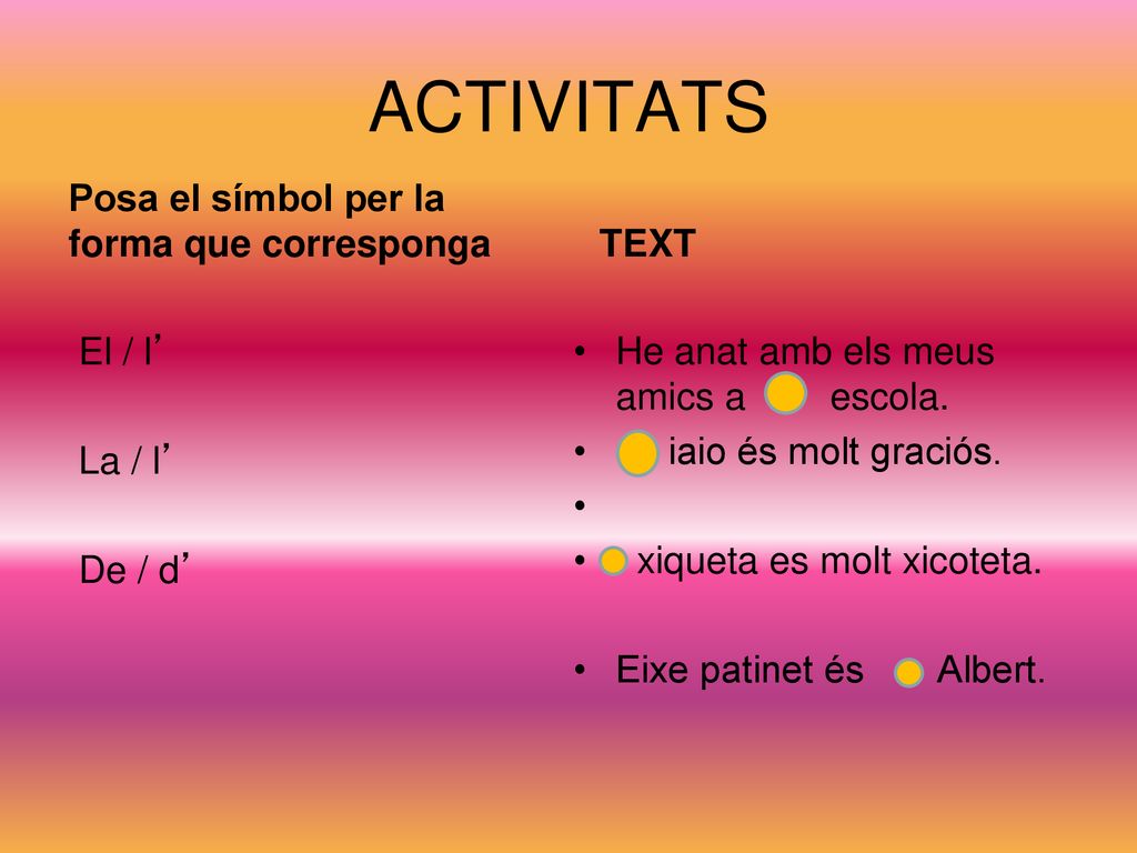 ACTIVITATS Posa el símbol per la forma que corresponga TEXT