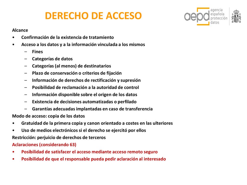 DERECHO DE ACCESO Alcance Confirmación de la existencia de tratamiento