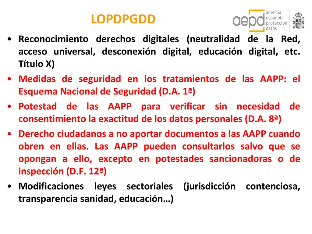 LOPDPGDD Reconocimiento derechos digitales (neutralidad de la Red, acceso universal, desconexión digital, educación digital, etc. Título X)