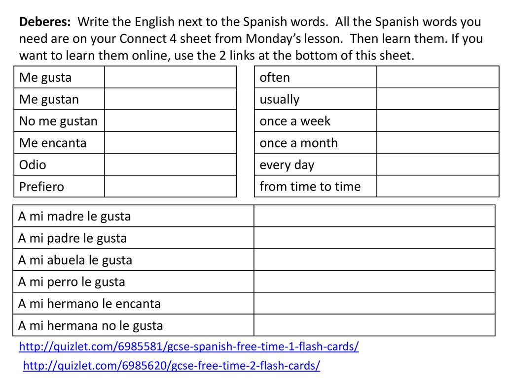 Deberes: Write the English next to the Spanish words