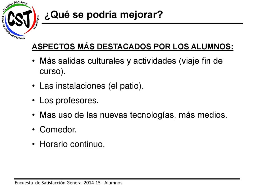 ¿Qué se podría mejorar ASPECTOS MÁS DESTACADOS POR LOS ALUMNOS: Más salidas culturales y actividades (viaje fin de curso).