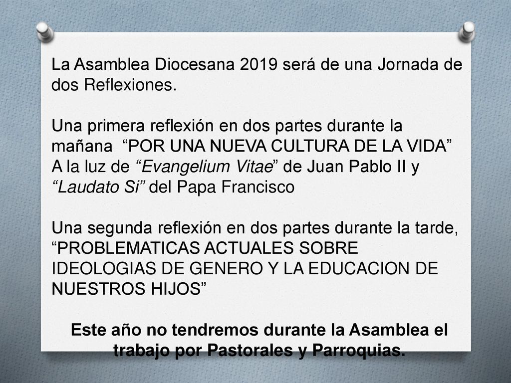 La Asamblea Diocesana 2019 será de una Jornada de dos Reflexiones.