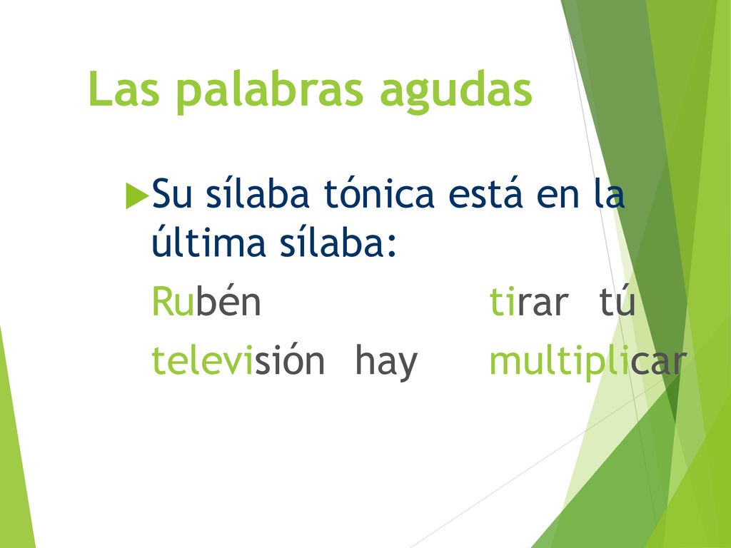 Las palabras agudas Su sílaba tónica está en la última sílaba: