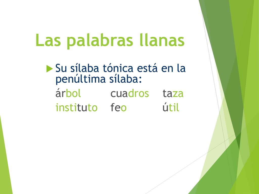 Las palabras llanas Su sílaba tónica está en la penúltima sílaba: