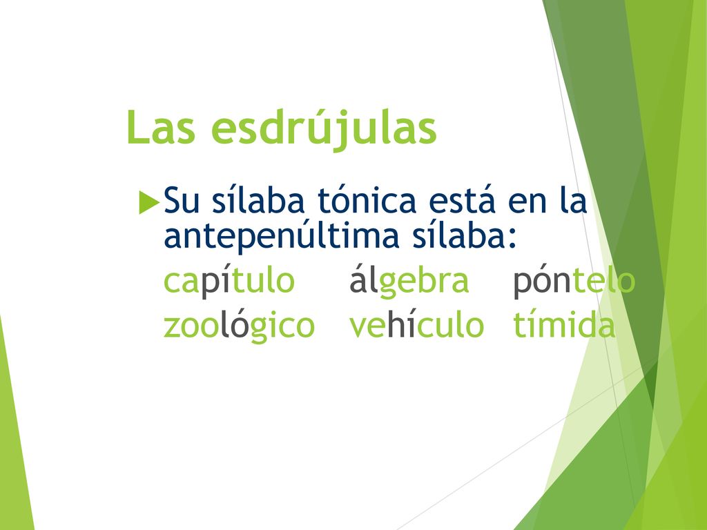 Las esdrújulas Su sílaba tónica está en la antepenúltima sílaba: