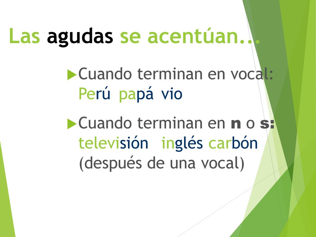Las agudas se acentúan... Cuando terminan en vocal: Perú papá vio