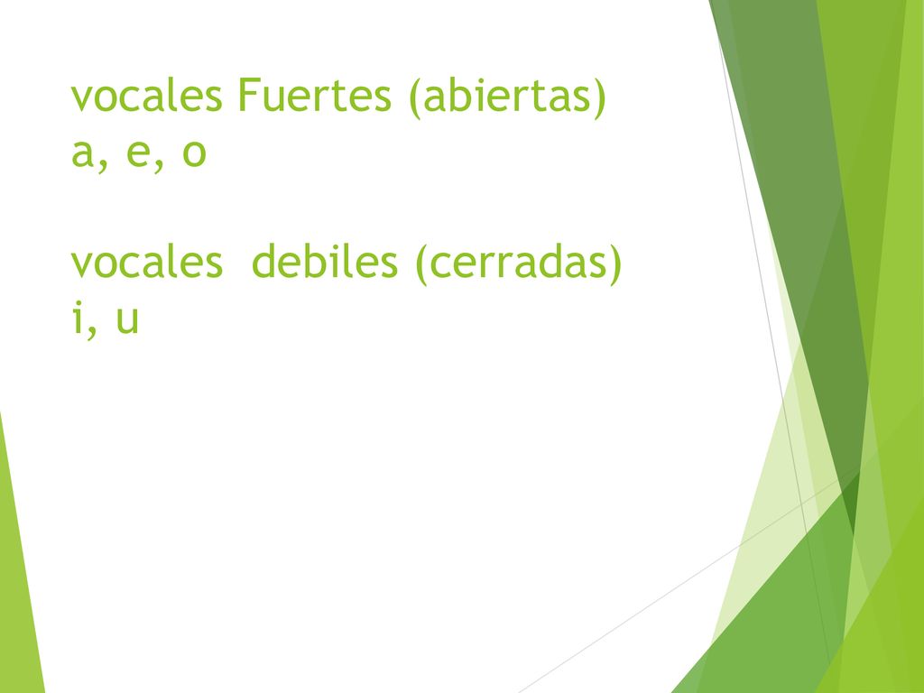 vocales Fuertes (abiertas) a, e, o vocales debiles (cerradas) i, u