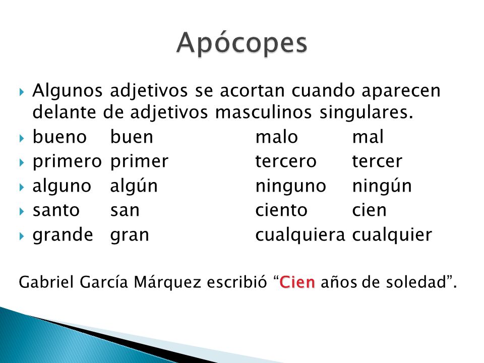 Apócopes Algunos adjetivos se acortan cuando aparecen delante de adjetivos masculinos singulares. bueno buen malo mal.