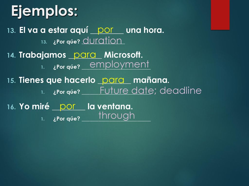 Ejemplos: por duration para employment para Future date; deadline por