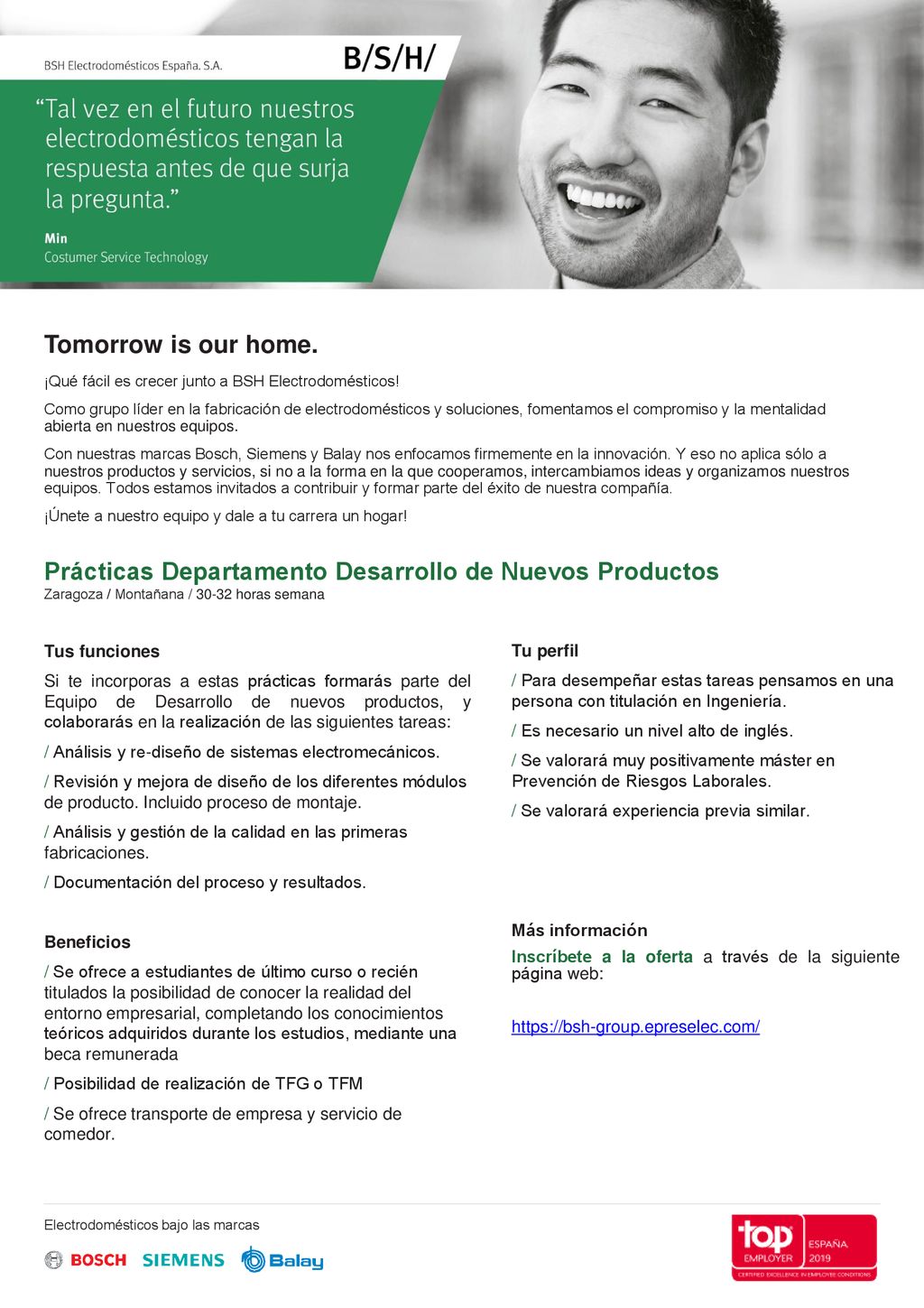 Tomorrow is our home. ¡Qué fácil es crecer junto a BSH Electrodomésticos!