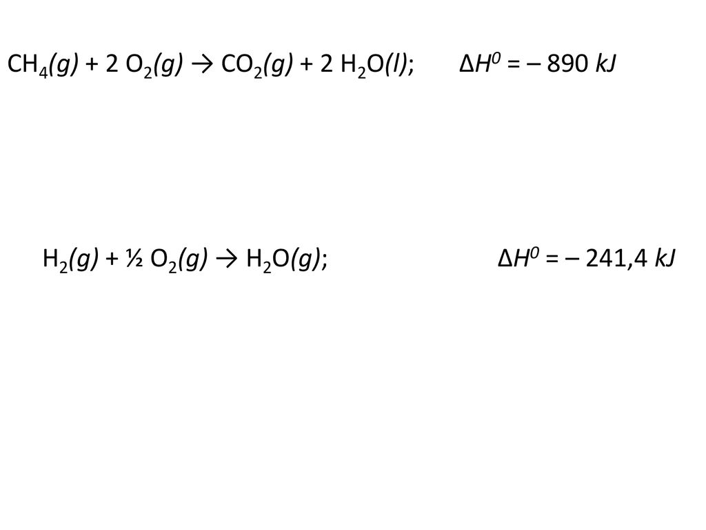 CH4(g) + 2 O2(g) → CO2(g) + 2 H2O(l); ΔH0 = – 890 kJ