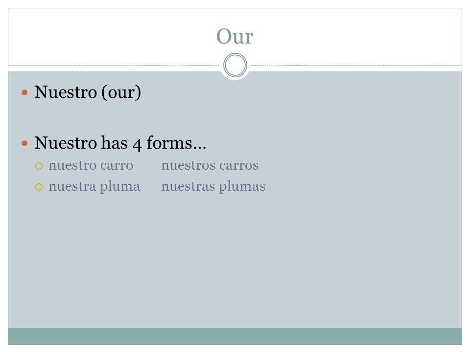 Our Nuestro (our) Nuestro has 4 forms… nuestro carro nuestros carros