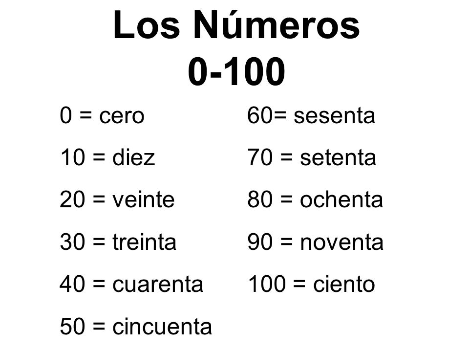 Los Números = cero 10 = diez 20 = veinte 30 = treinta