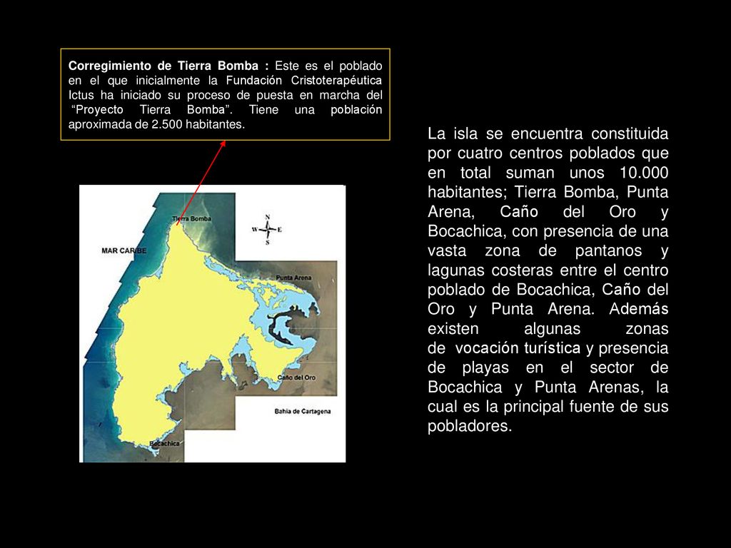 Corregimiento de Tierra Bomba : Este es el poblado en el que inicialmente la Fundación Cristoterapéutica Ictus ha iniciado su proceso de puesta en marcha del Proyecto Tierra Bomba . Tiene una población aproximada de habitantes.