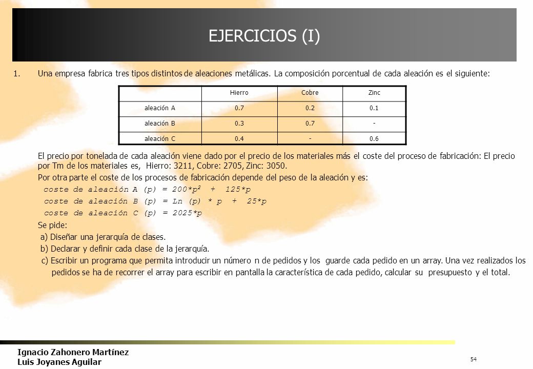 EJERCICIOS (I) Una empresa fabrica tres tipos distintos de aleaciones metálicas. La composición porcentual de cada aleación es el siguiente:
