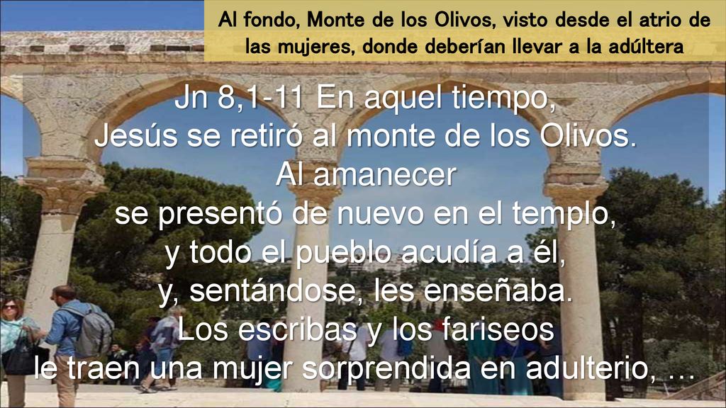 Al fondo, Monte de los Olivos, visto desde el atrio de las mujeres, donde deberían llevar a la adúltera