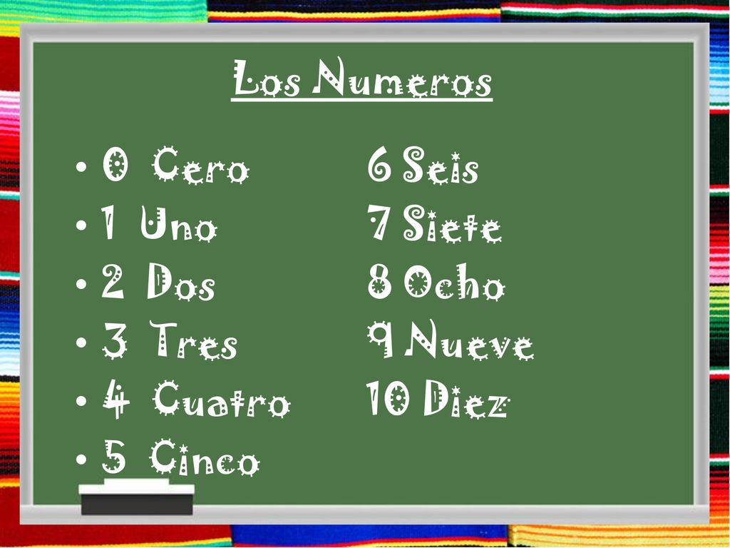 Los Numeros 0 Cero 6 Seis. 1 Uno 7 Siete. 2 Dos 8 Ocho. 3 Tres 9 Nueve. 4 Cuatro 10 Diez.